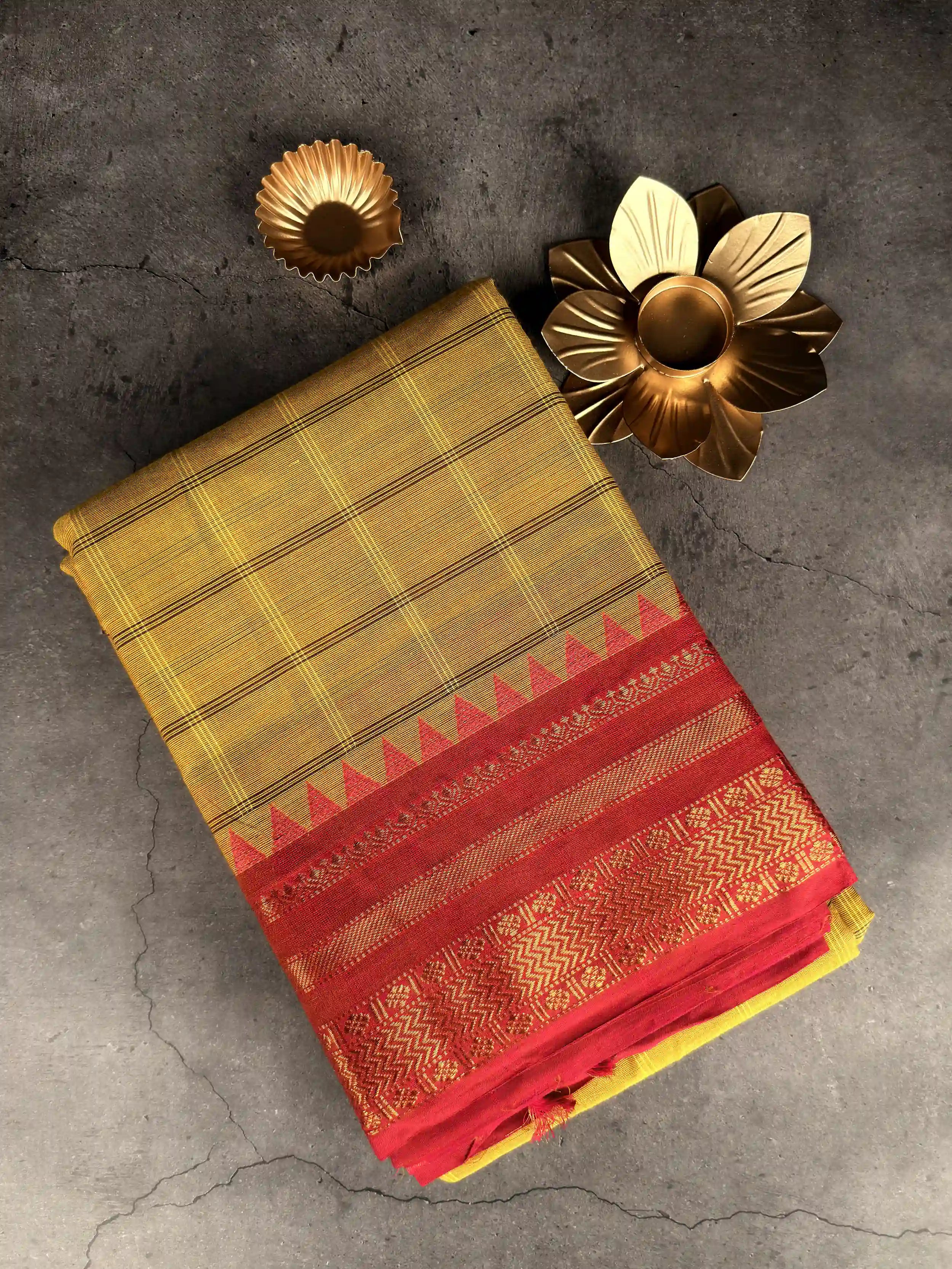 Premium Chettinad Cotton Saree | Mustard Yellow Checked with Red Border