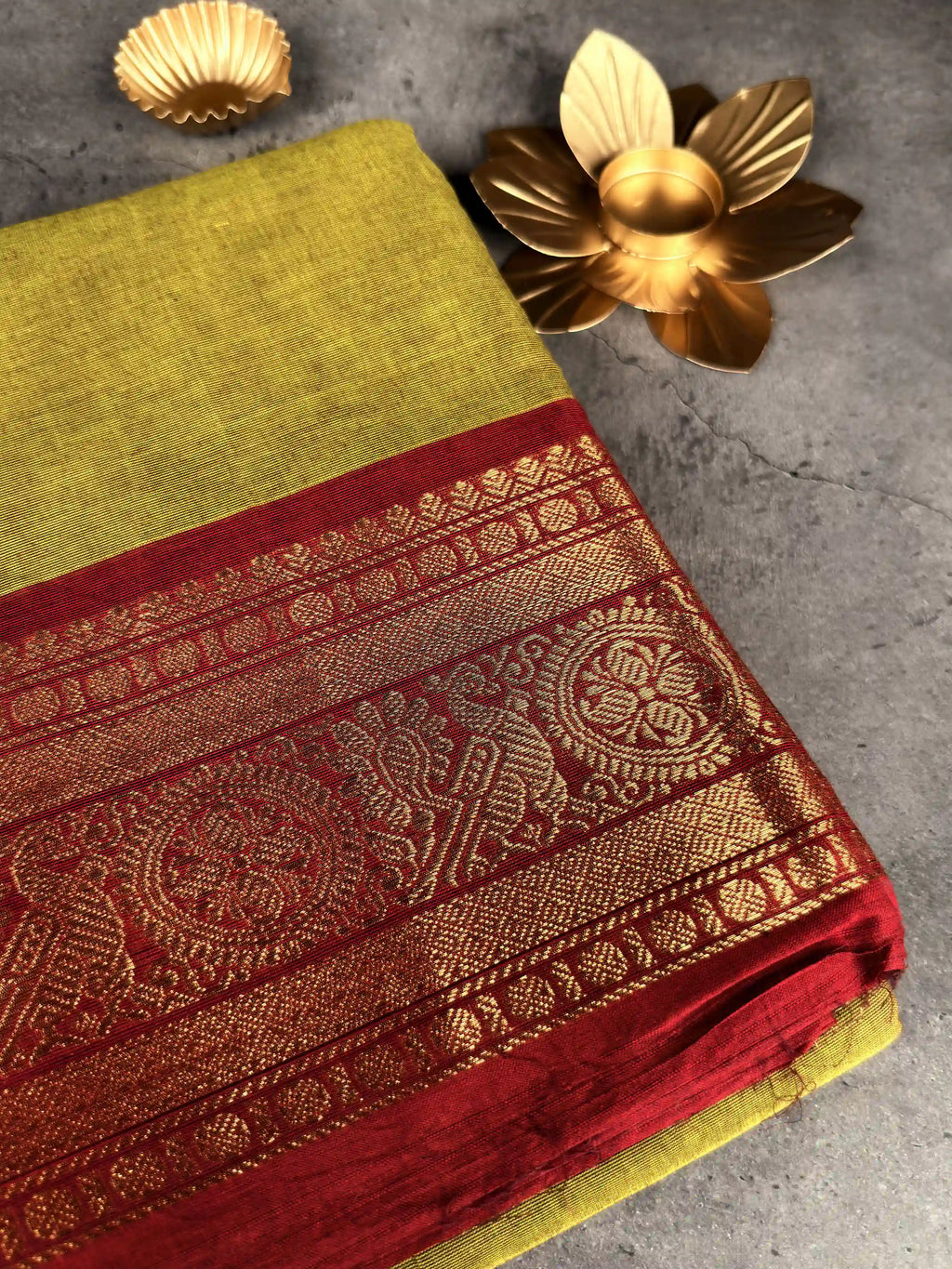 Premium Chettinad Cotton Saree | Olive Green with Red Border