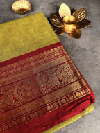 Premium Chettinad Cotton Saree | Olive Green with Red Border