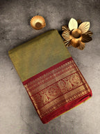 Premium Chettinad Cotton Saree | Olive Green with Red Border