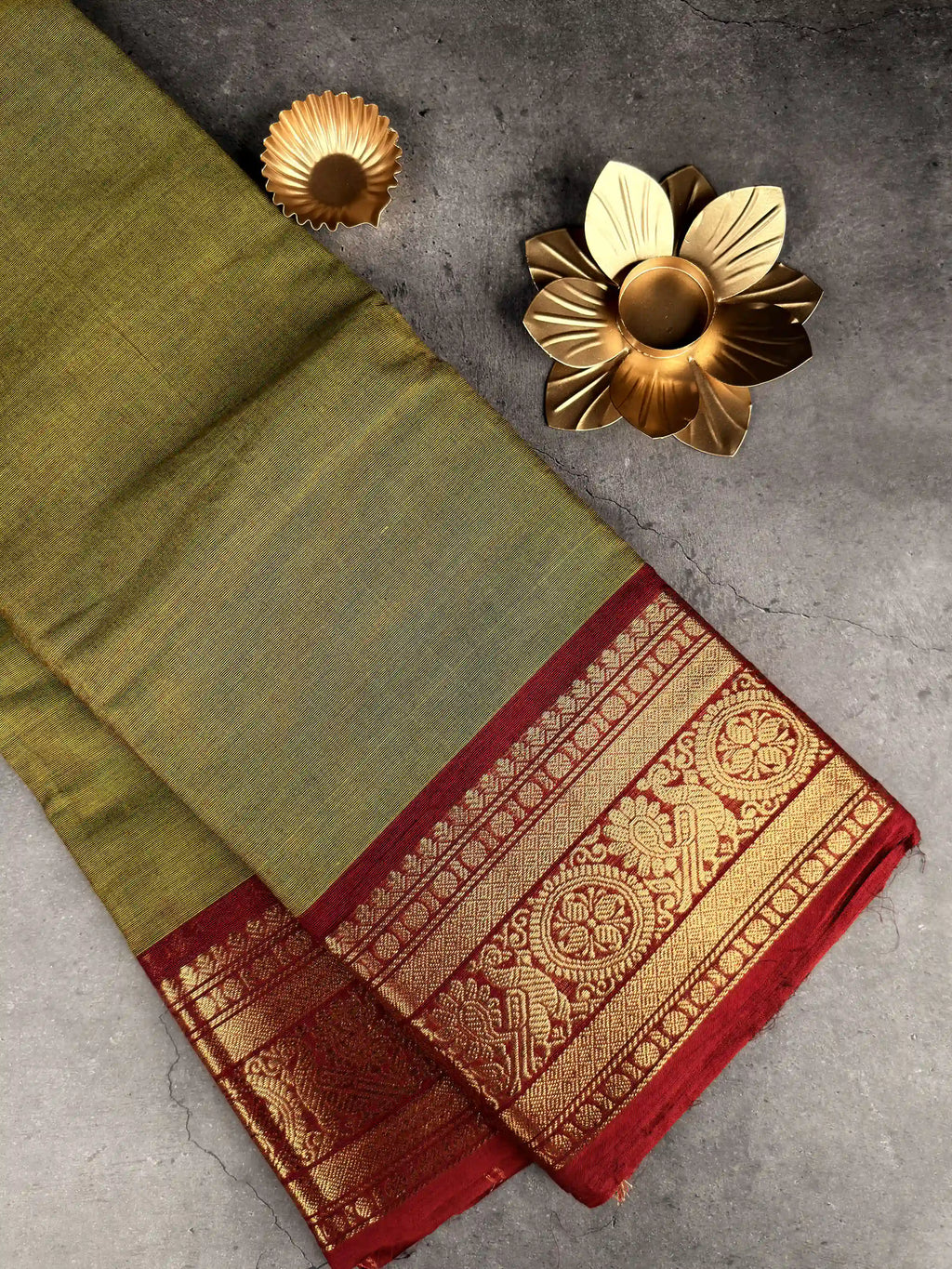 Premium Chettinad Cotton Saree | Olive Green with Red Border