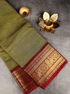 Premium Chettinad Cotton Saree | Olive Green with Red Border