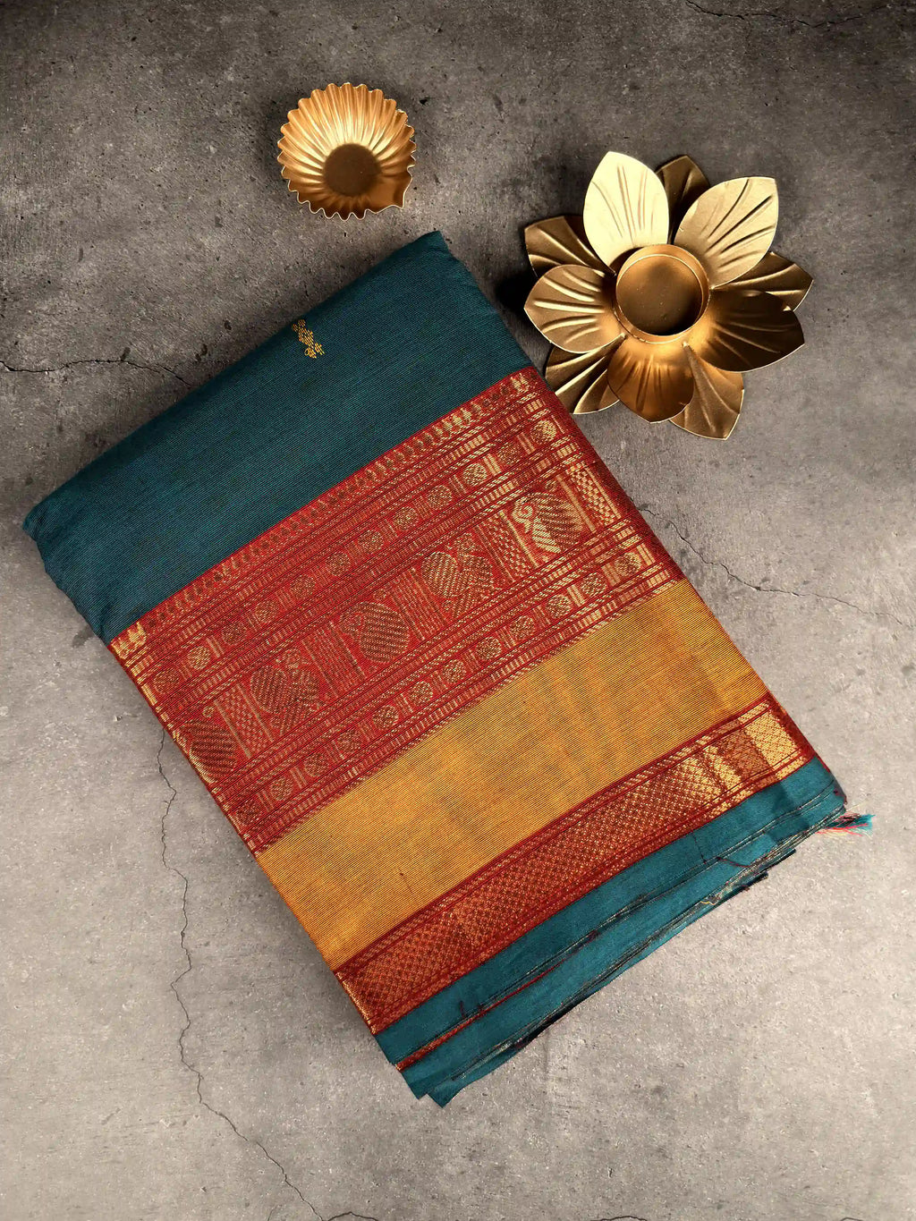 Premium Chettinad Cotton Saree | Teal with Red and Mustard Border