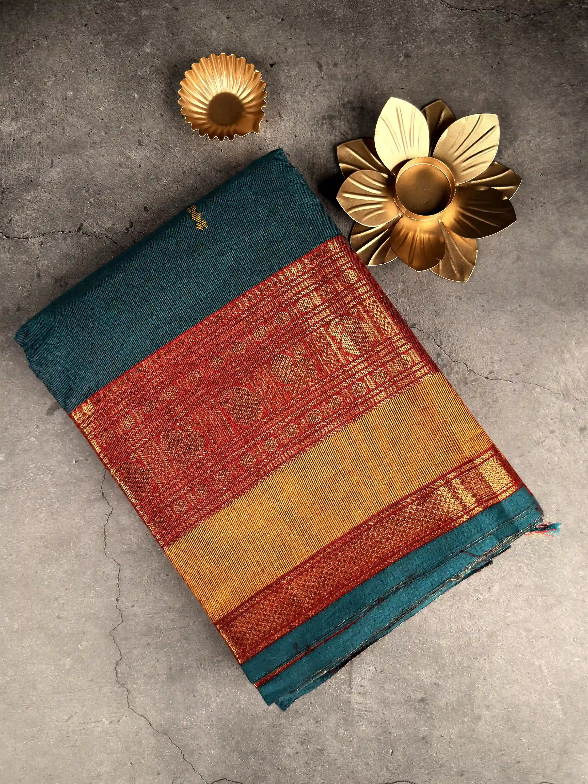 Premium Chettinad Cotton Saree | Teal with Red and Mustard Border