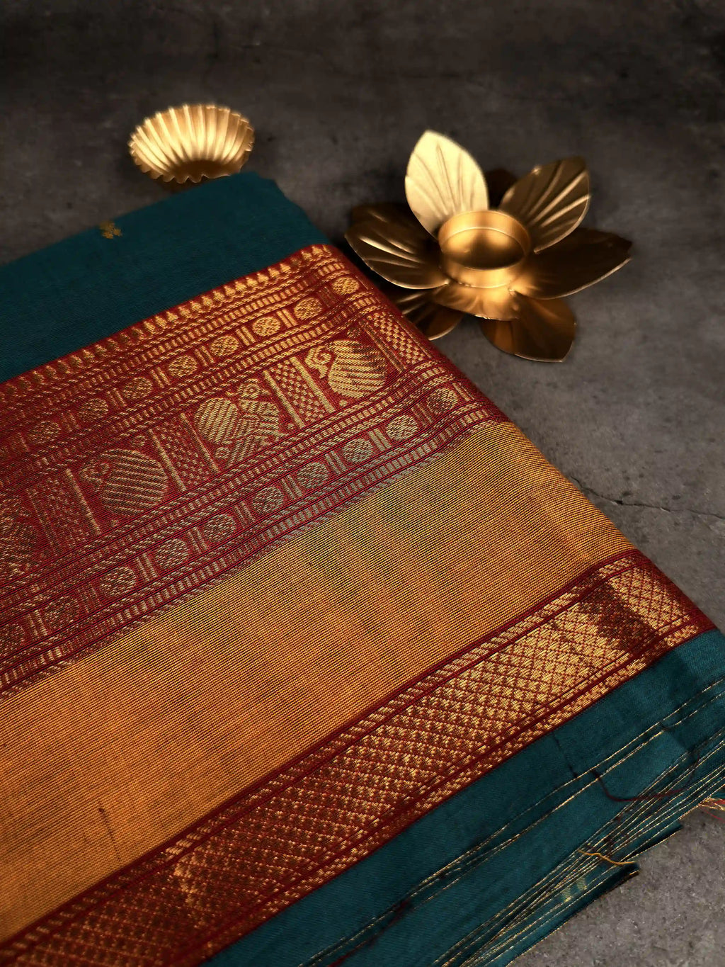 Premium Chettinad Cotton Saree | Teal with Red and Mustard Border
