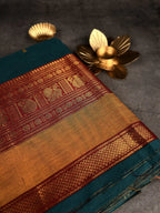 Premium Chettinad Cotton Saree | Teal with Red and Mustard Border