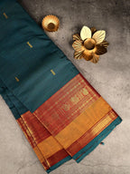 Premium Chettinad Cotton Saree | Teal with Red and Mustard Border