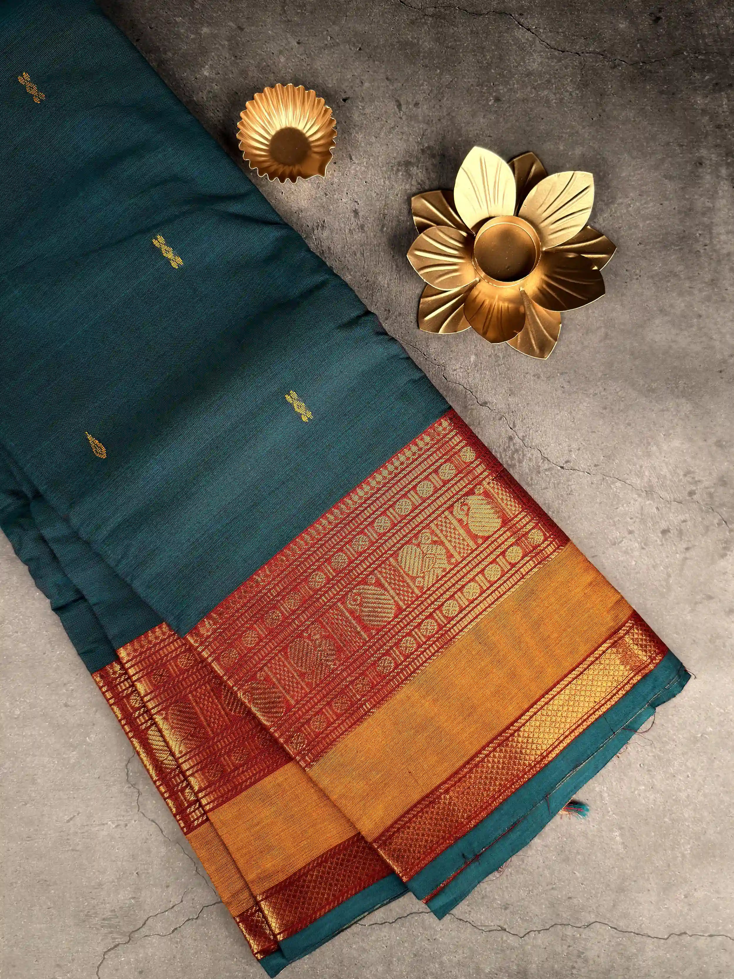 Premium Chettinad Cotton Saree | Teal with Red and Mustard Border