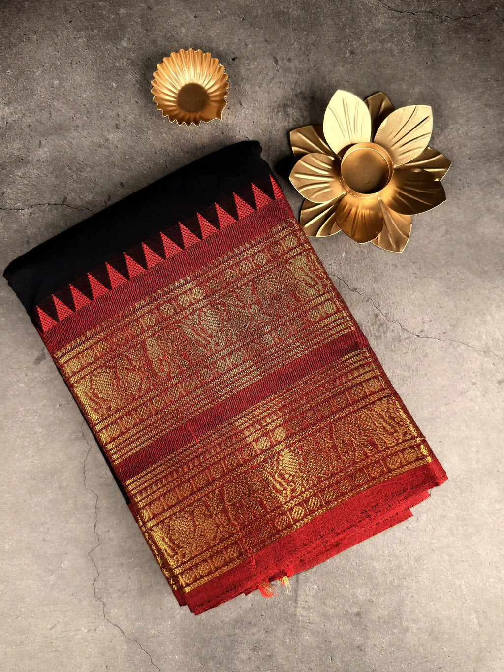 Premium Chettinad Cotton Saree | Jet Black with Red Border