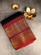 Premium Chettinad Cotton Saree | Jet Black with Red Border