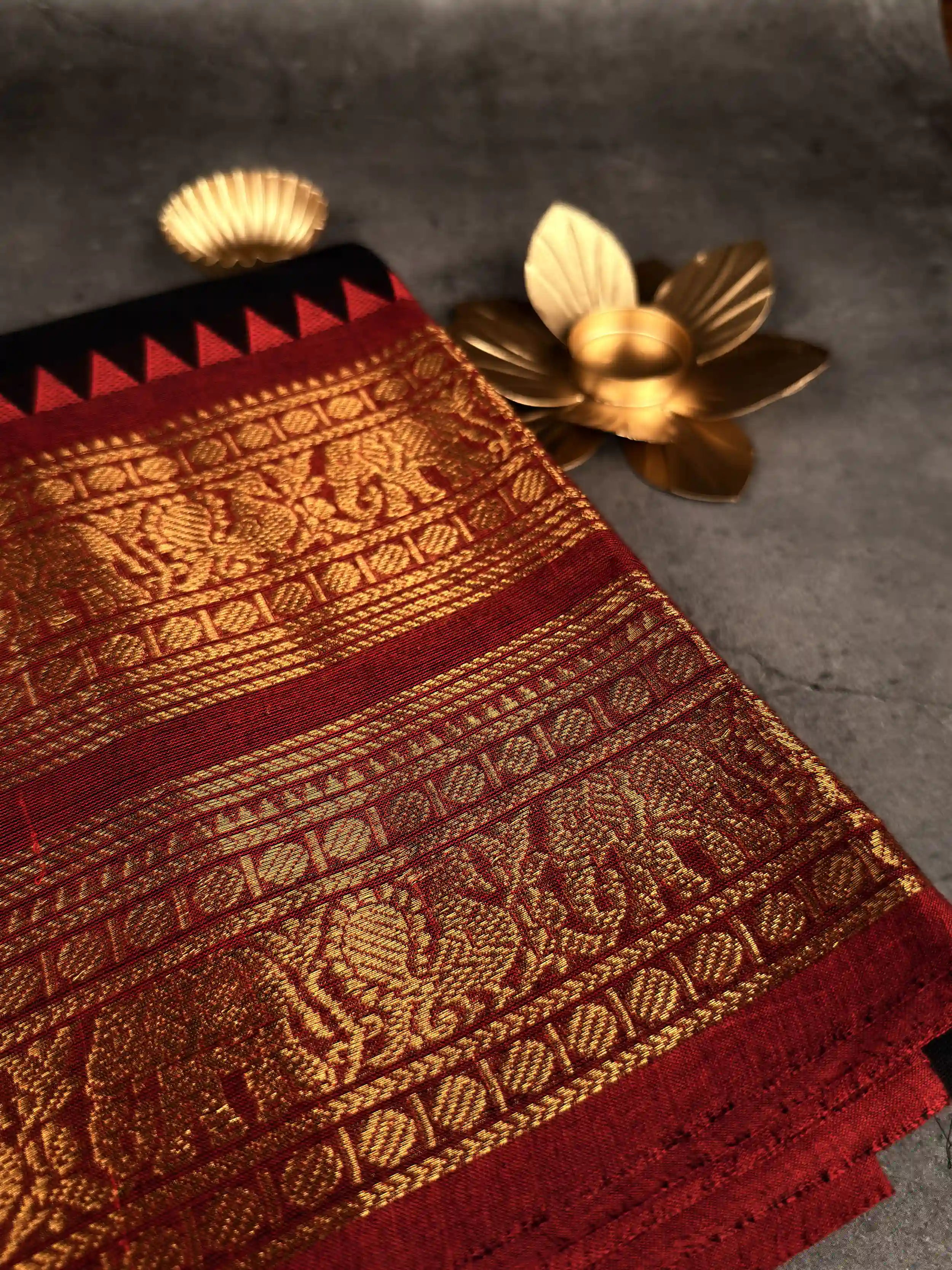Premium Chettinad Cotton Saree | Jet Black with Red Border