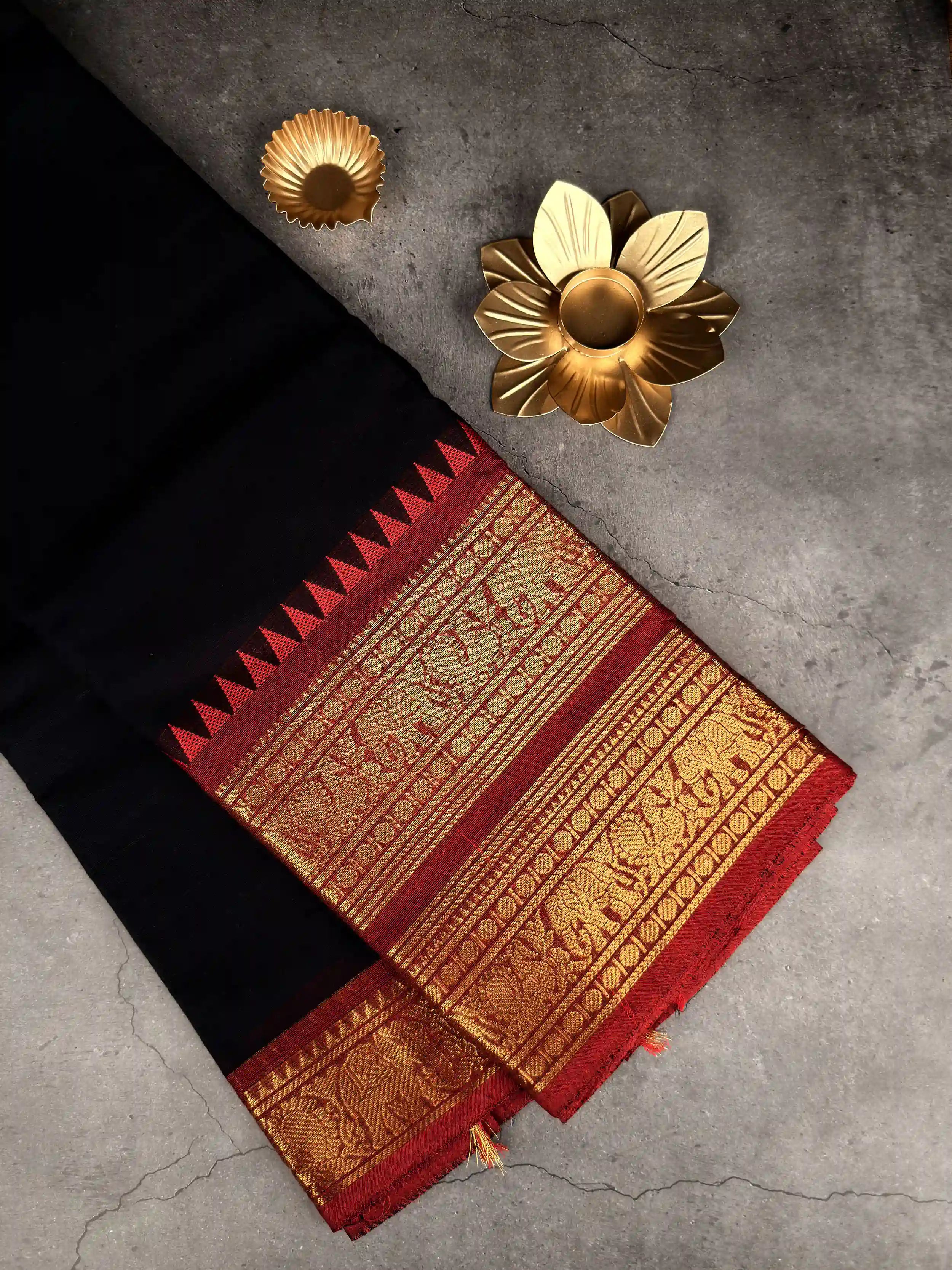 Premium Chettinad Cotton Saree | Jet Black with Red Border