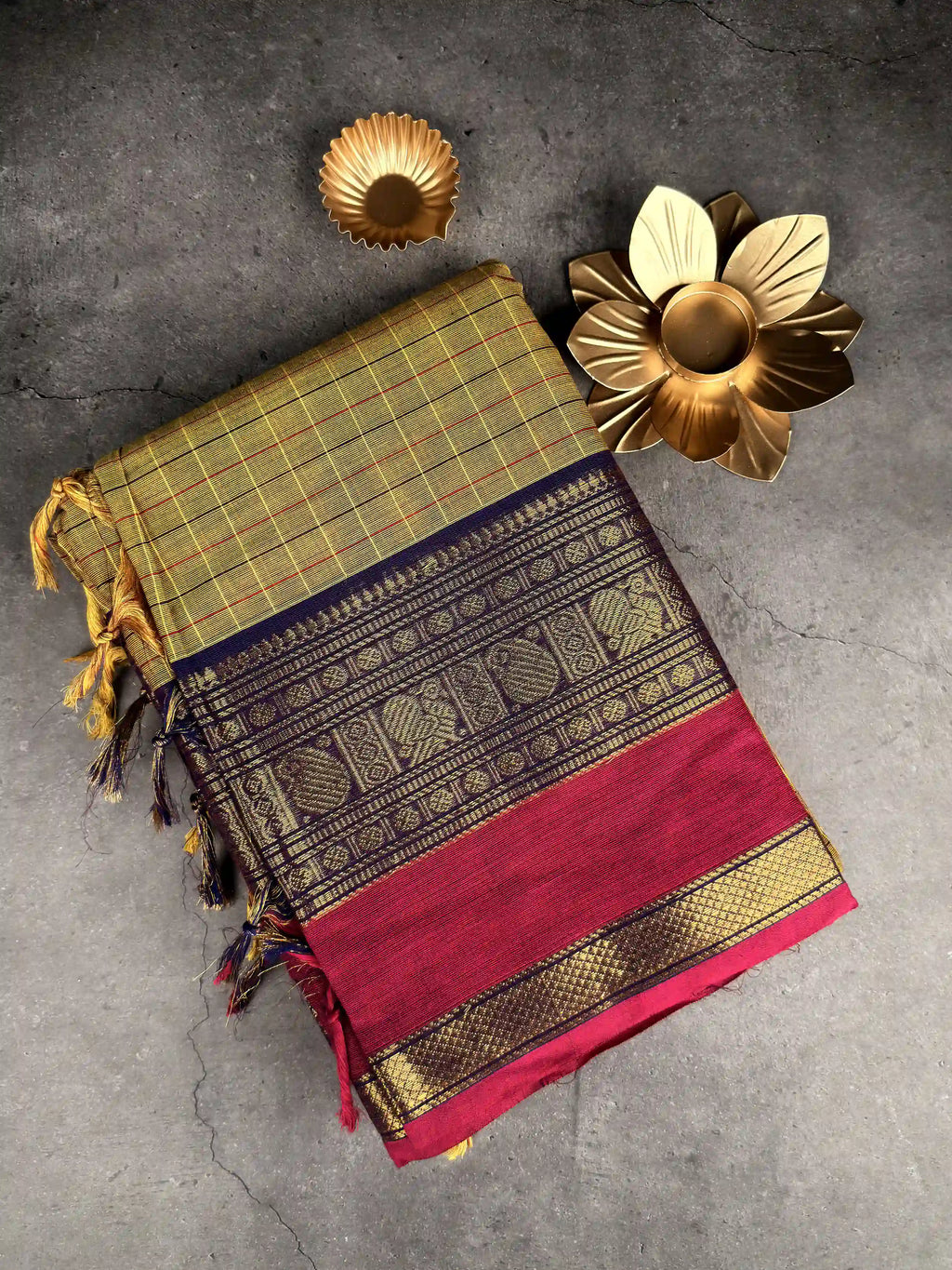 Premium Chettinad Cotton Saree | Olive Checks with Violet and Hot Fuchsia Border