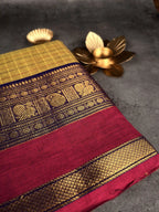 Premium Chettinad Cotton Saree | Olive Checks with Violet and Hot Fuchsia Border