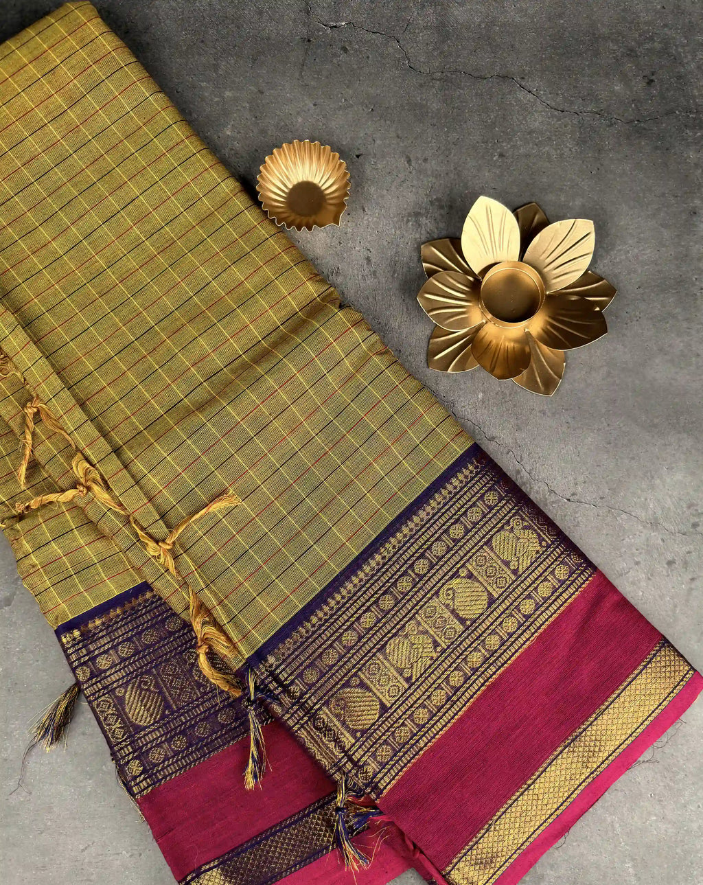 Premium Chettinad Cotton Saree | Olive Checks with Violet and Hot Fuchsia Border