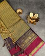 Premium Chettinad Cotton Saree | Olive Checks with Violet and Hot Fuchsia Border
