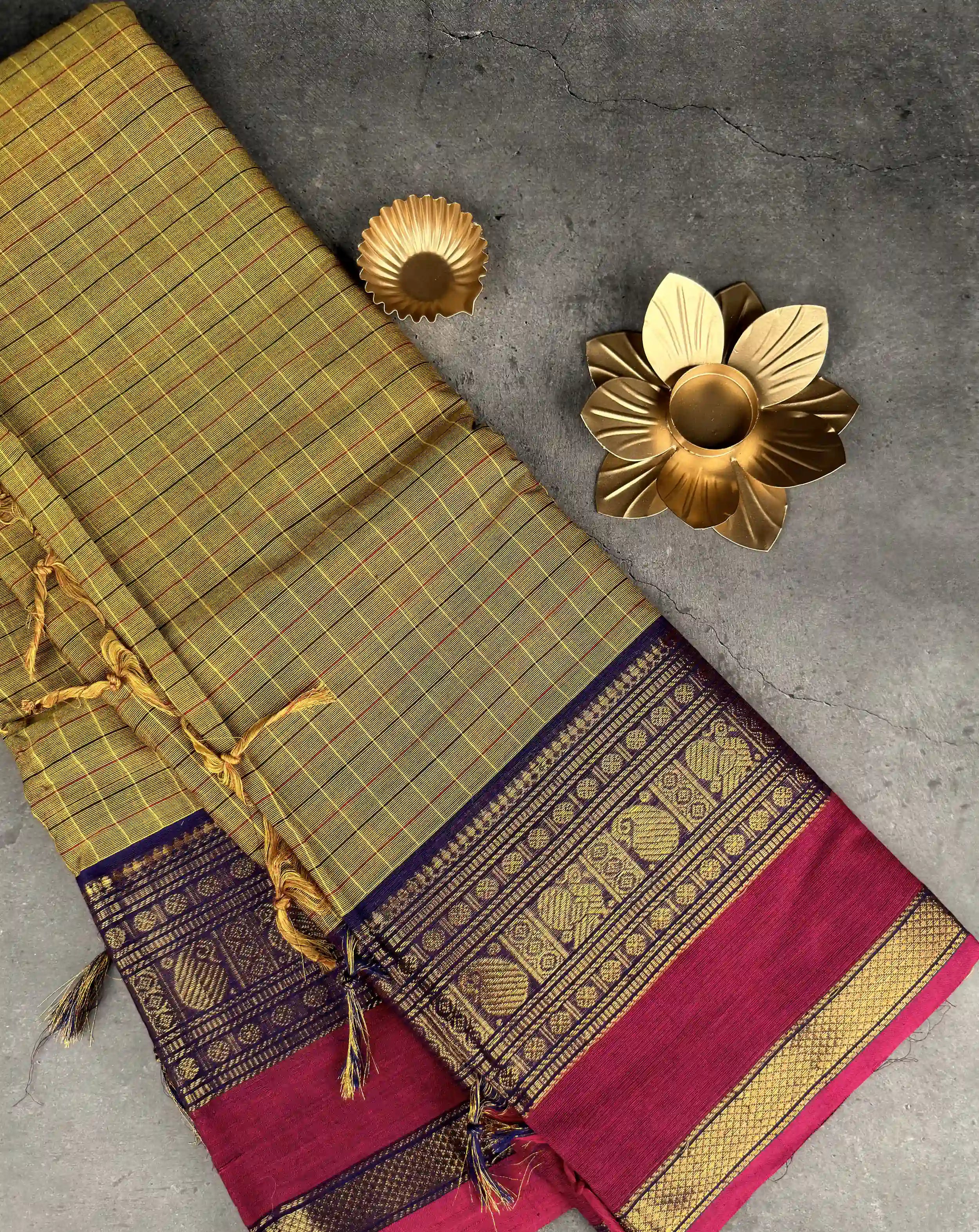 Premium Chettinad Cotton Saree | Olive Checks with Violet and Hot Fuchsia Border