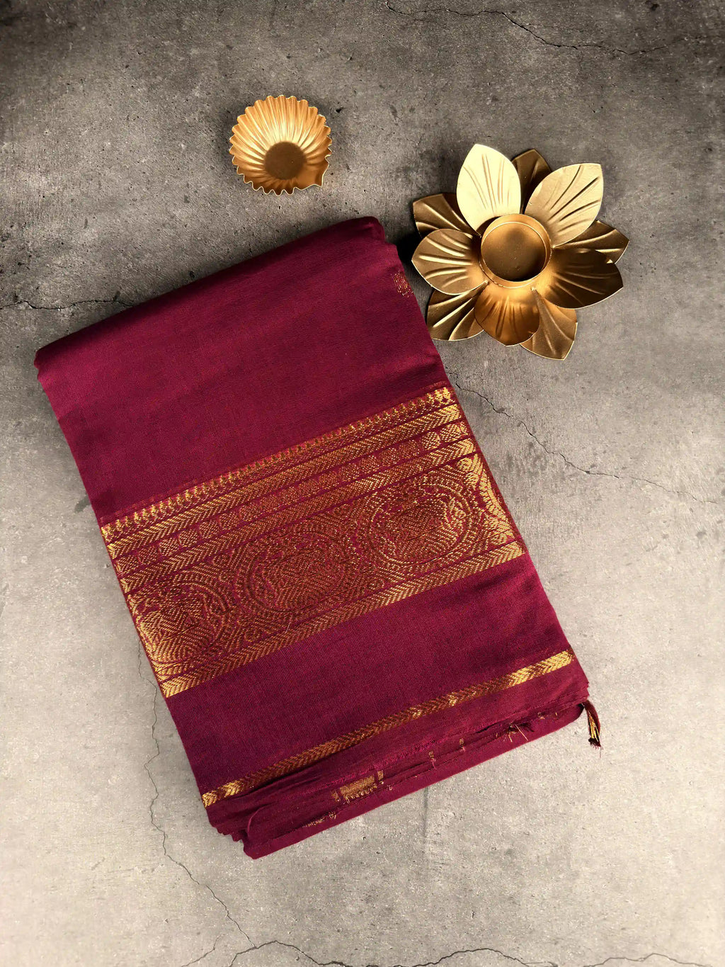 Premium Chettinad Cotton Saree | Rich Raspberry Magenta with Gold Border