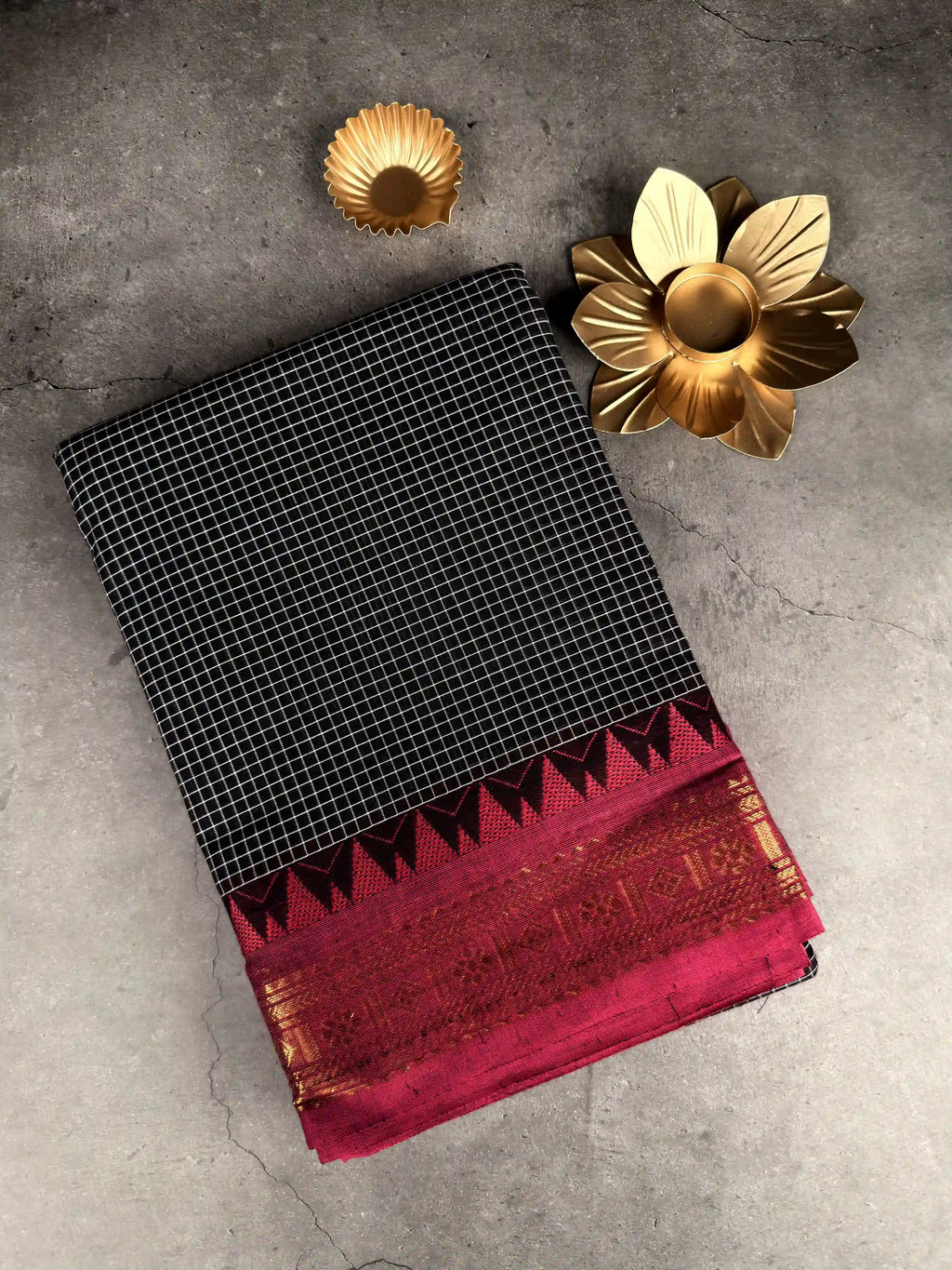 Premium Chettinad Cotton Saree | Classic Black with White Checks and Rani Pink Border