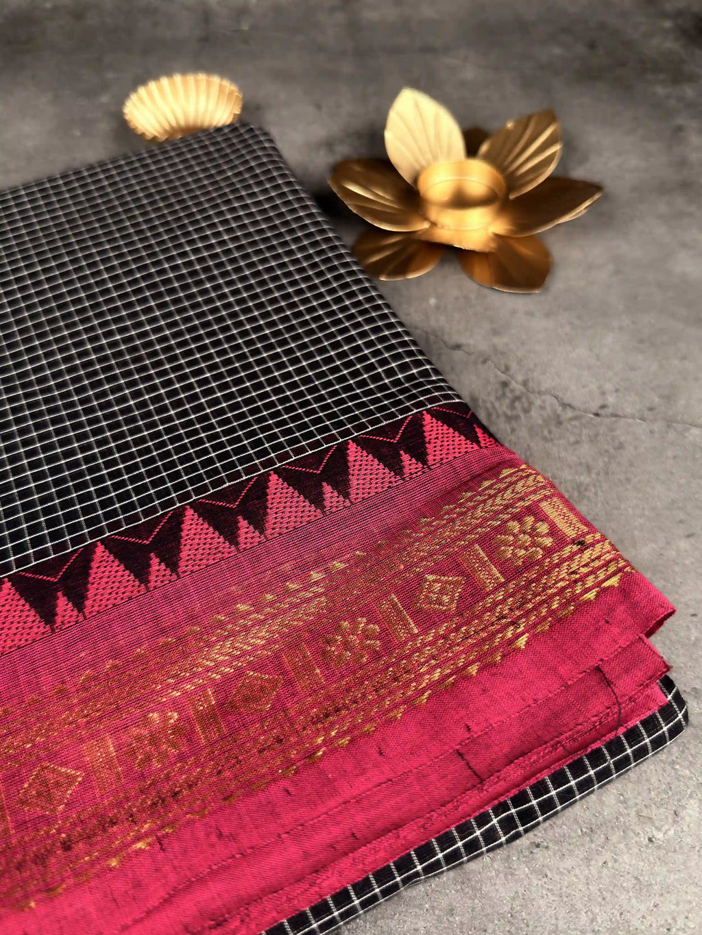 Premium Chettinad Cotton Saree | Classic Black with White Checks and Rani Pink Border
