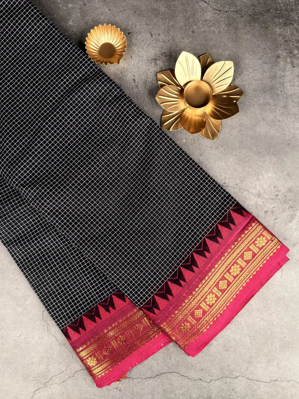 Premium Chettinad Cotton Saree | Classic Black with White Checks and Rani Pink Border