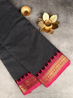 Premium Chettinad Cotton Saree | Classic Black with White Checks and Rani Pink Border