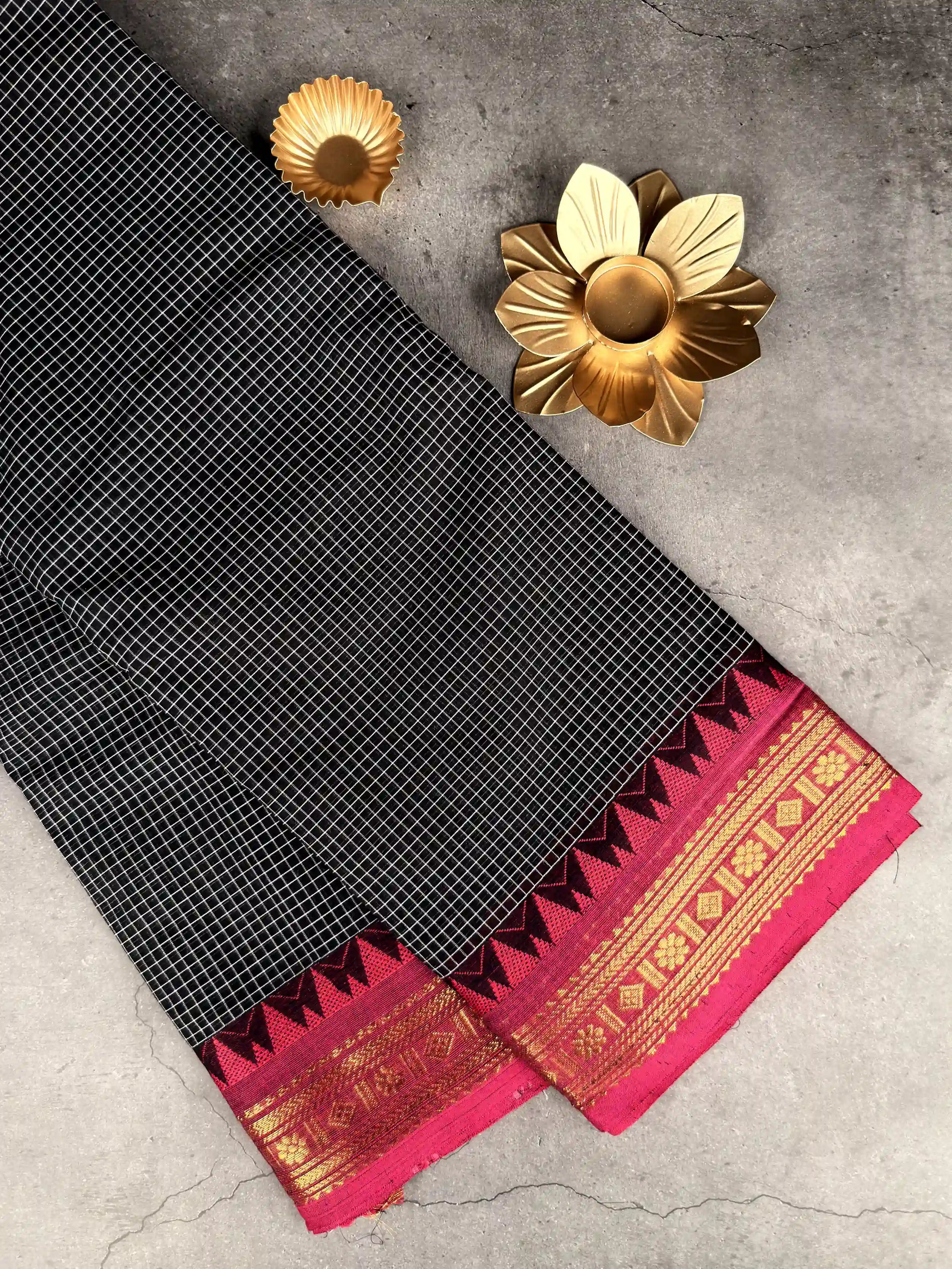 Premium Chettinad Cotton Saree | Classic Black with White Checks and Rani Pink Border