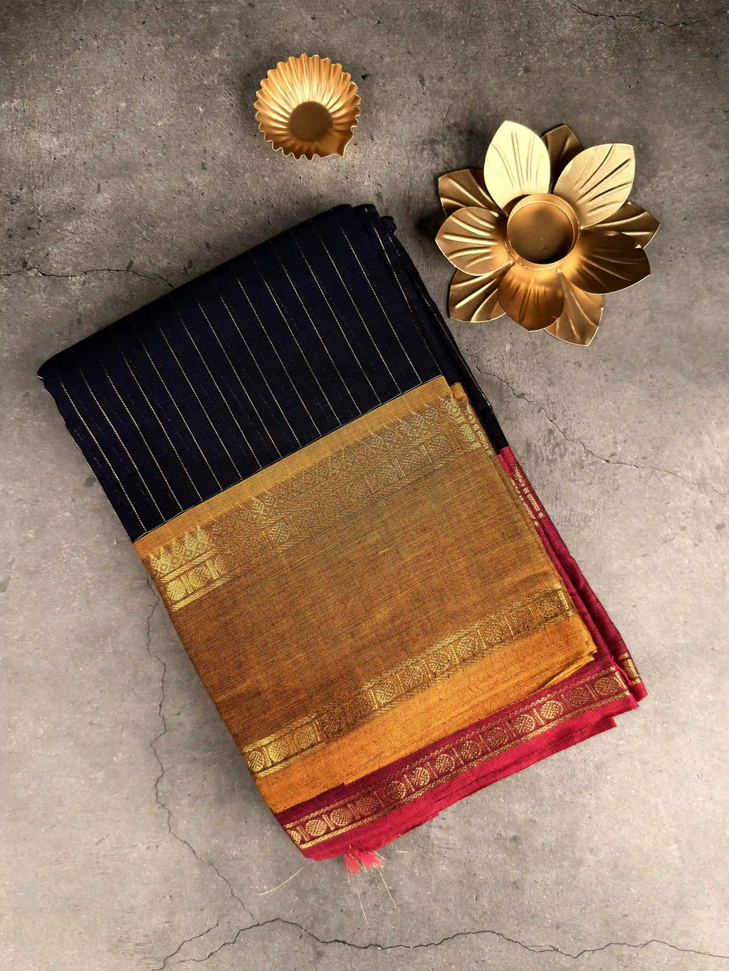 Premium Chettinad Cotton Saree | Deep Navy Pinstripes with Mustard and Fuchsia Border