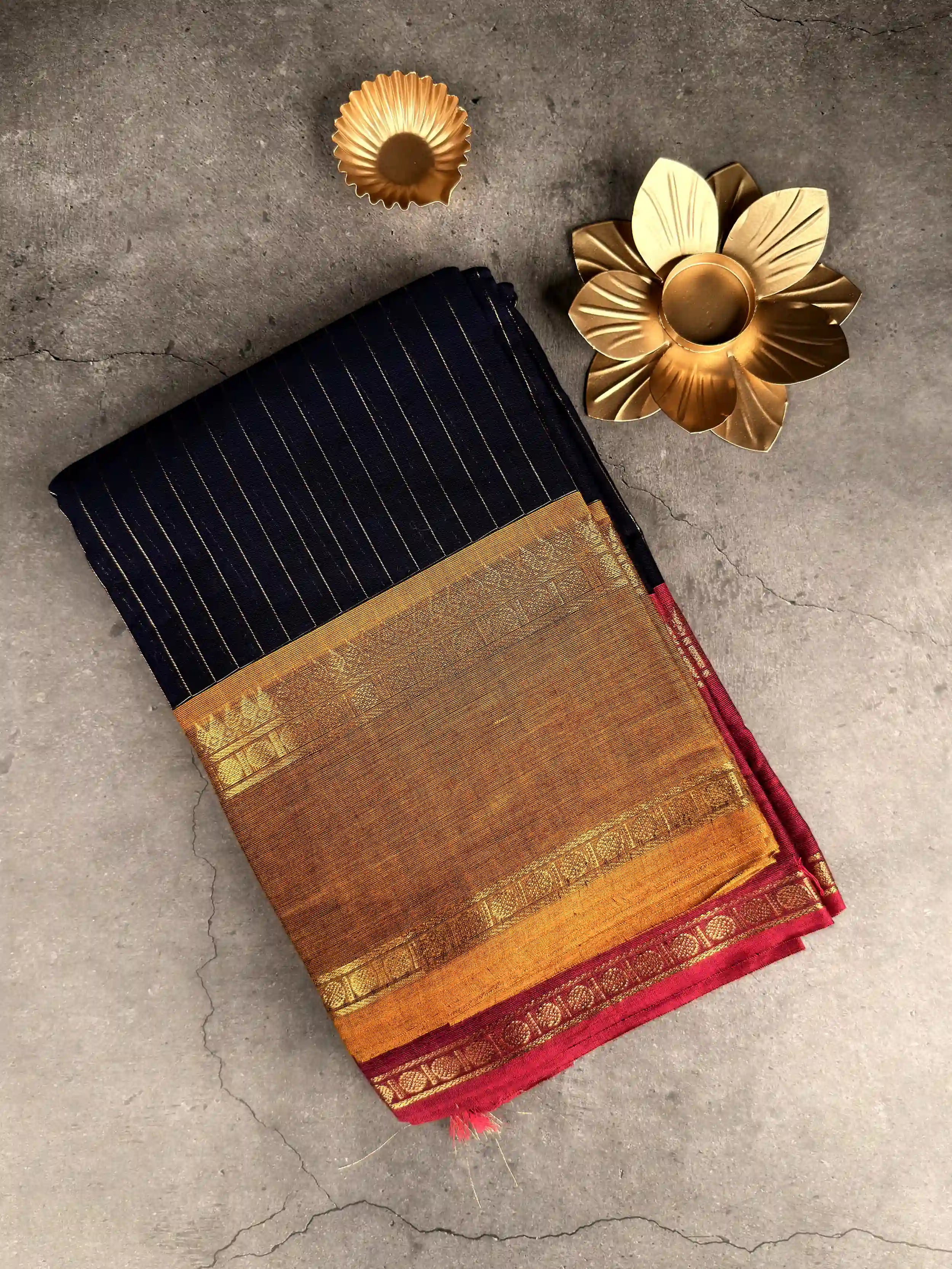 Premium Chettinad Cotton Saree | Deep Navy Pinstripes with Mustard and Fuchsia Border