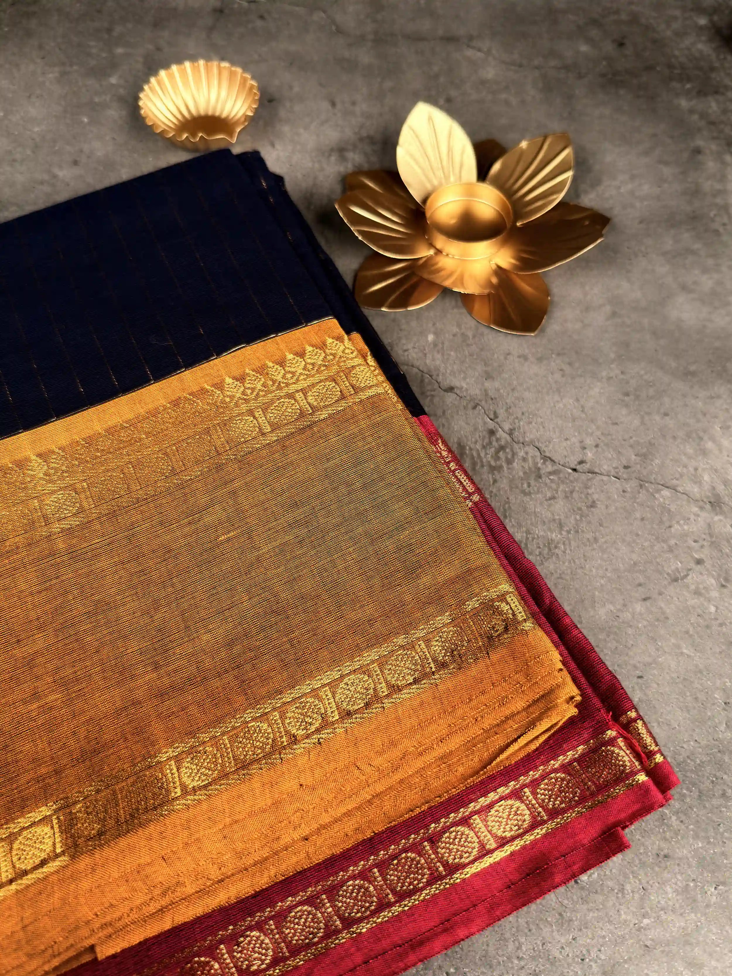 Premium Chettinad Cotton Saree | Deep Navy Pinstripes with Mustard and Fuchsia Border