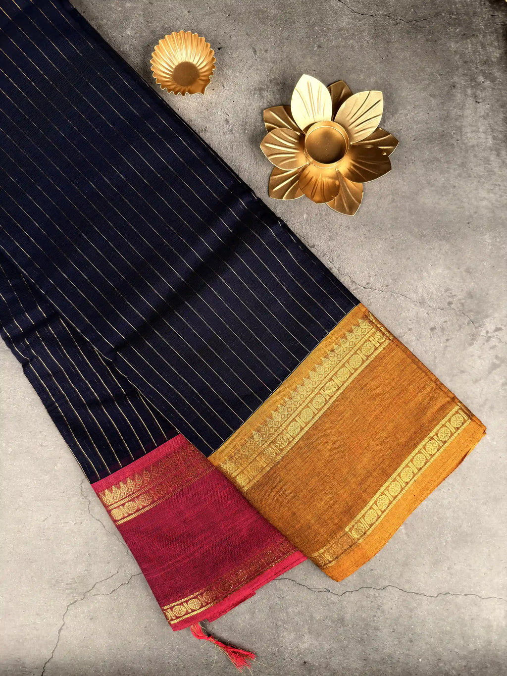 Premium Chettinad Cotton Saree | Deep Navy Pinstripes with Mustard and Fuchsia Border