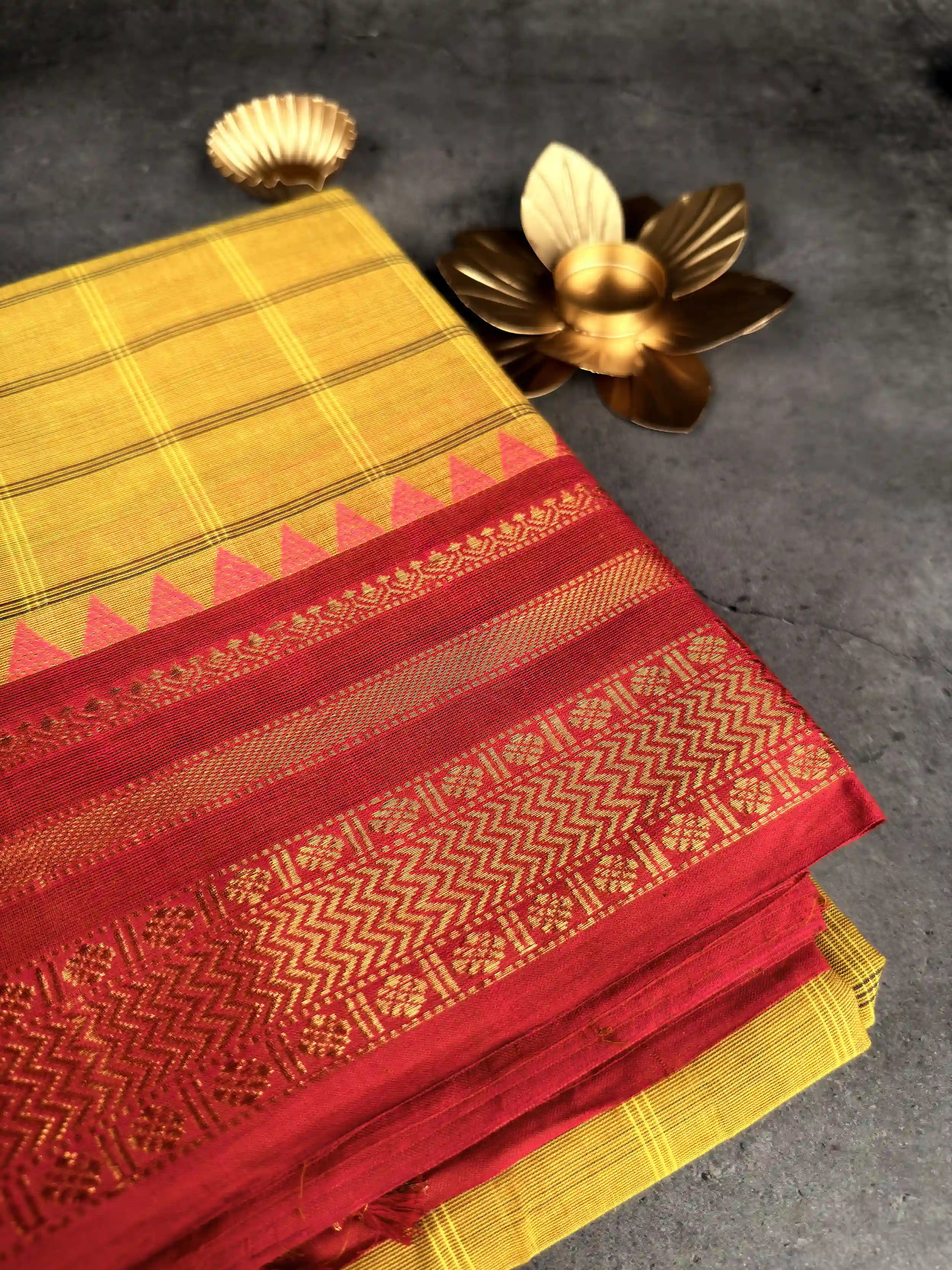 Premium Chettinad Cotton Saree | Mustard Yellow Checked with Red Border