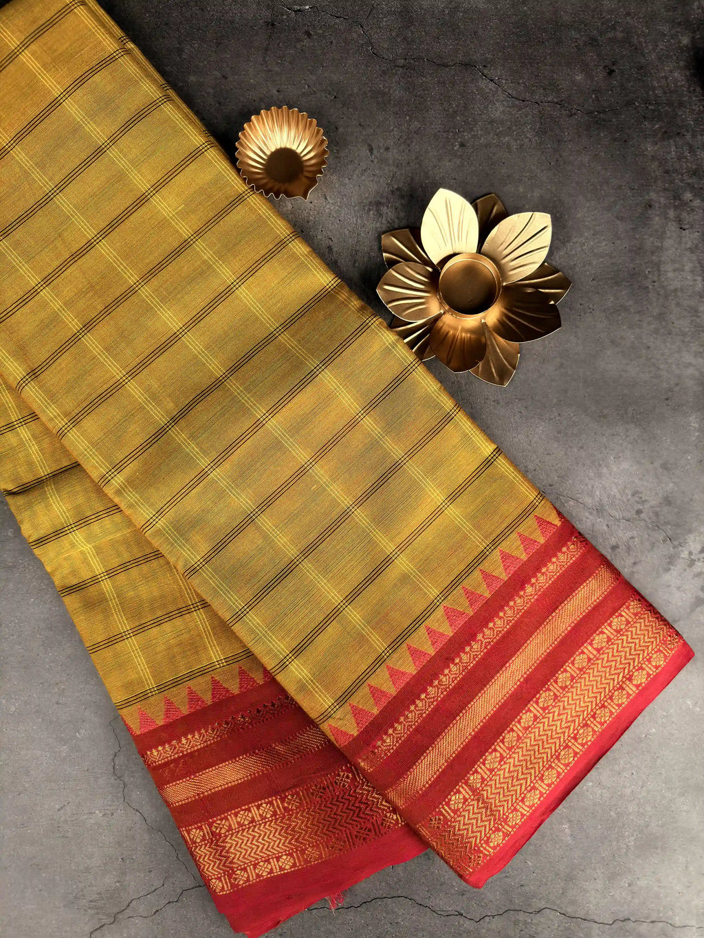 Premium Chettinad Cotton Saree | Mustard Yellow Checked with Red Border