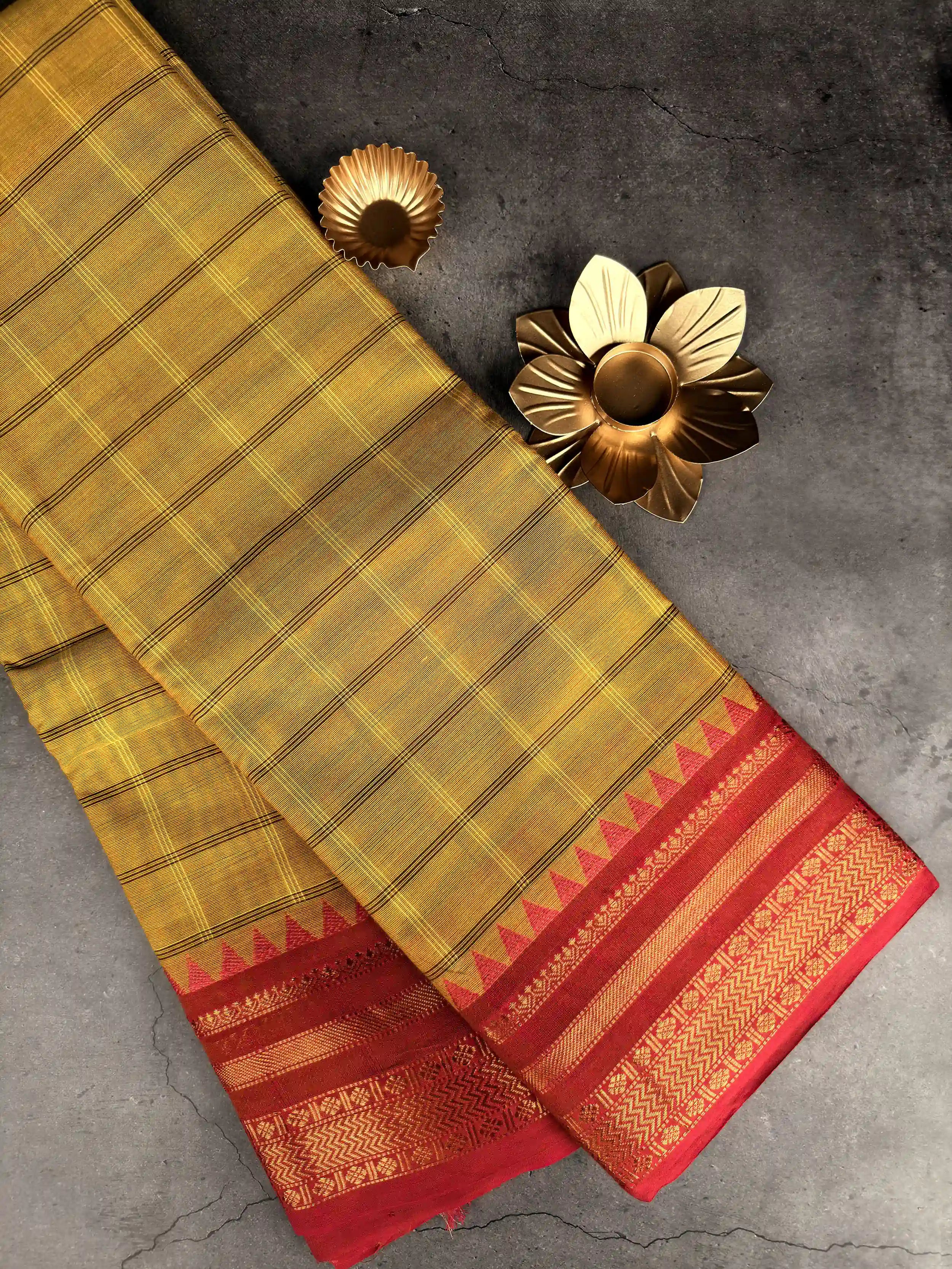 Premium Chettinad Cotton Saree | Mustard Yellow Checked with Red Border