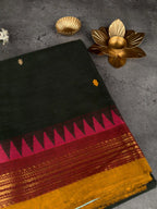 Premium Chettinad Cotton Saree | Rangoon Green & Mustard Motifs with Red, Mustard & Gold Border