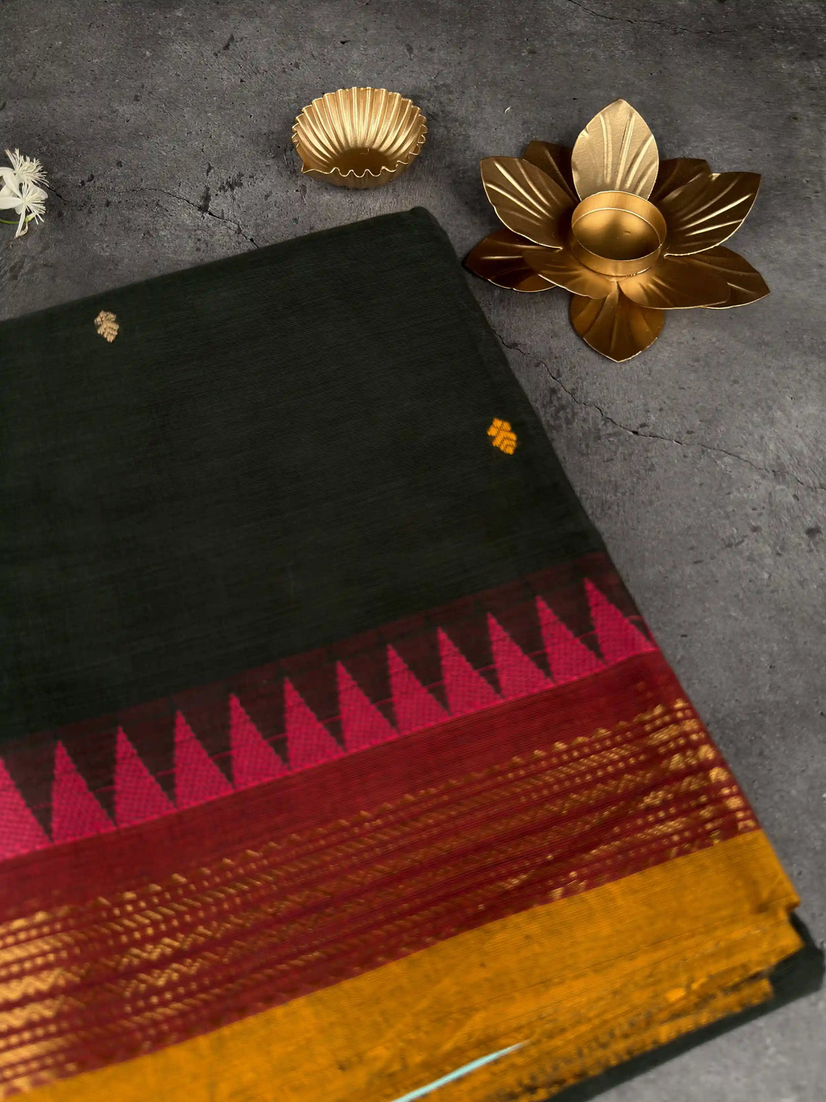 Premium Chettinad Cotton Saree | Rangoon Green & Mustard Motifs with Red, Mustard & Gold Border