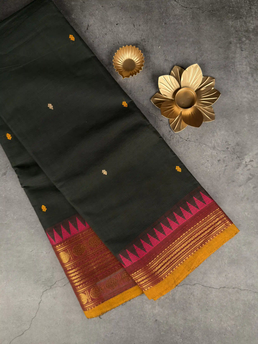 Premium Chettinad Cotton Saree | Rangoon Green & Mustard Motifs with Red, Mustard & Gold Border