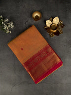 Premium Chettinad Cotton Saree | Rich Mustard & Crimson Motifs with Crimson & Gold Border