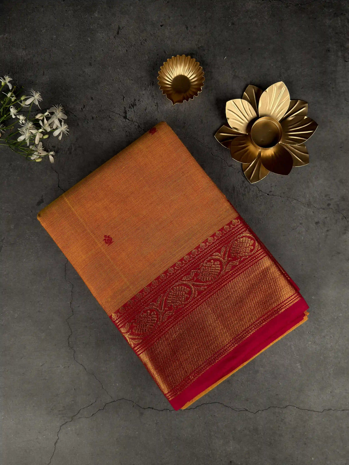Premium Chettinad Cotton Saree | Rich Mustard & Crimson Motifs with Crimson & Gold Border