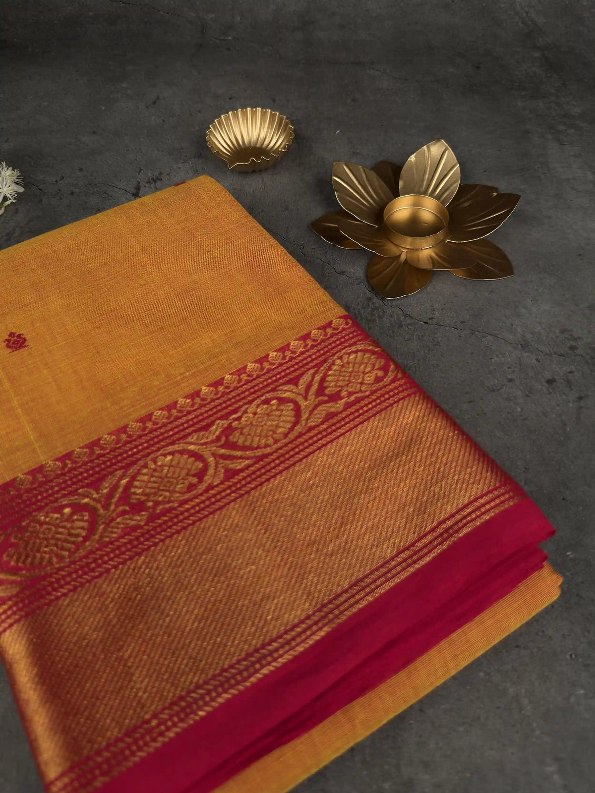 Premium Chettinad Cotton Saree | Rich Mustard & Crimson Motifs with Crimson & Gold Border