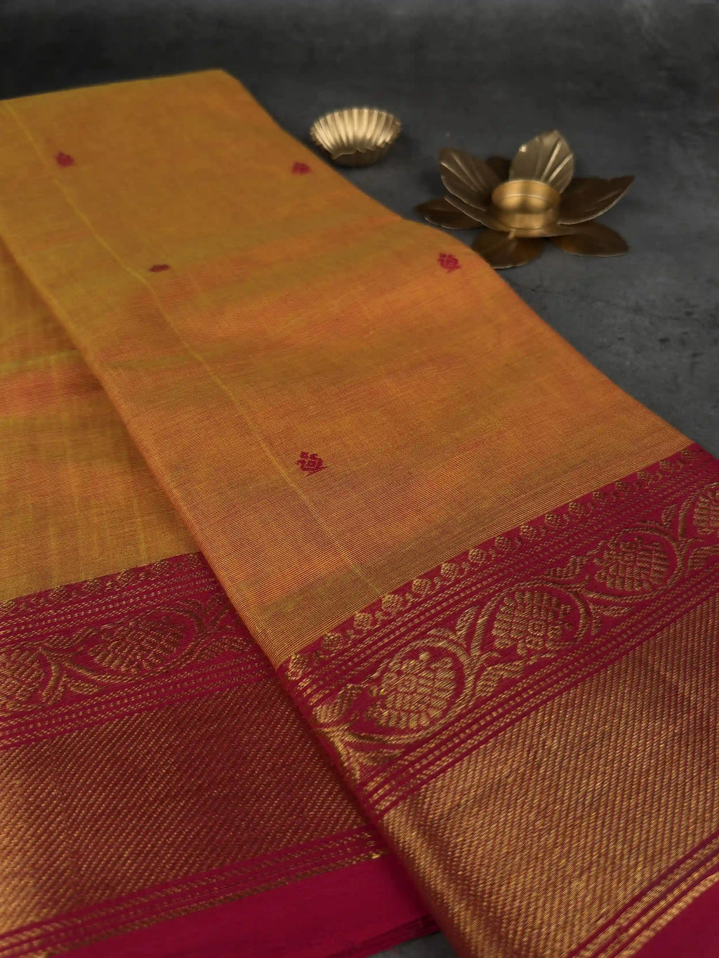 Premium Chettinad Cotton Saree | Rich Mustard & Crimson Motifs with Crimson & Gold Border