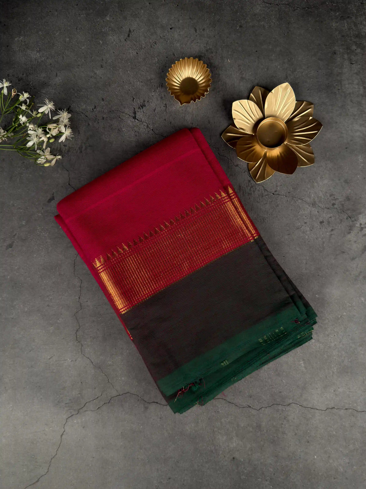 Premium Chettinad Cotton Saree | Rich Crimson Fuchsia with Bottle Green & Gold Border