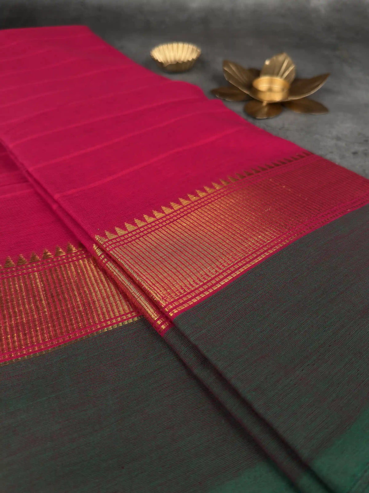 Premium Chettinad Cotton Saree | Rich Crimson Fuchsia with Bottle Green & Gold Border