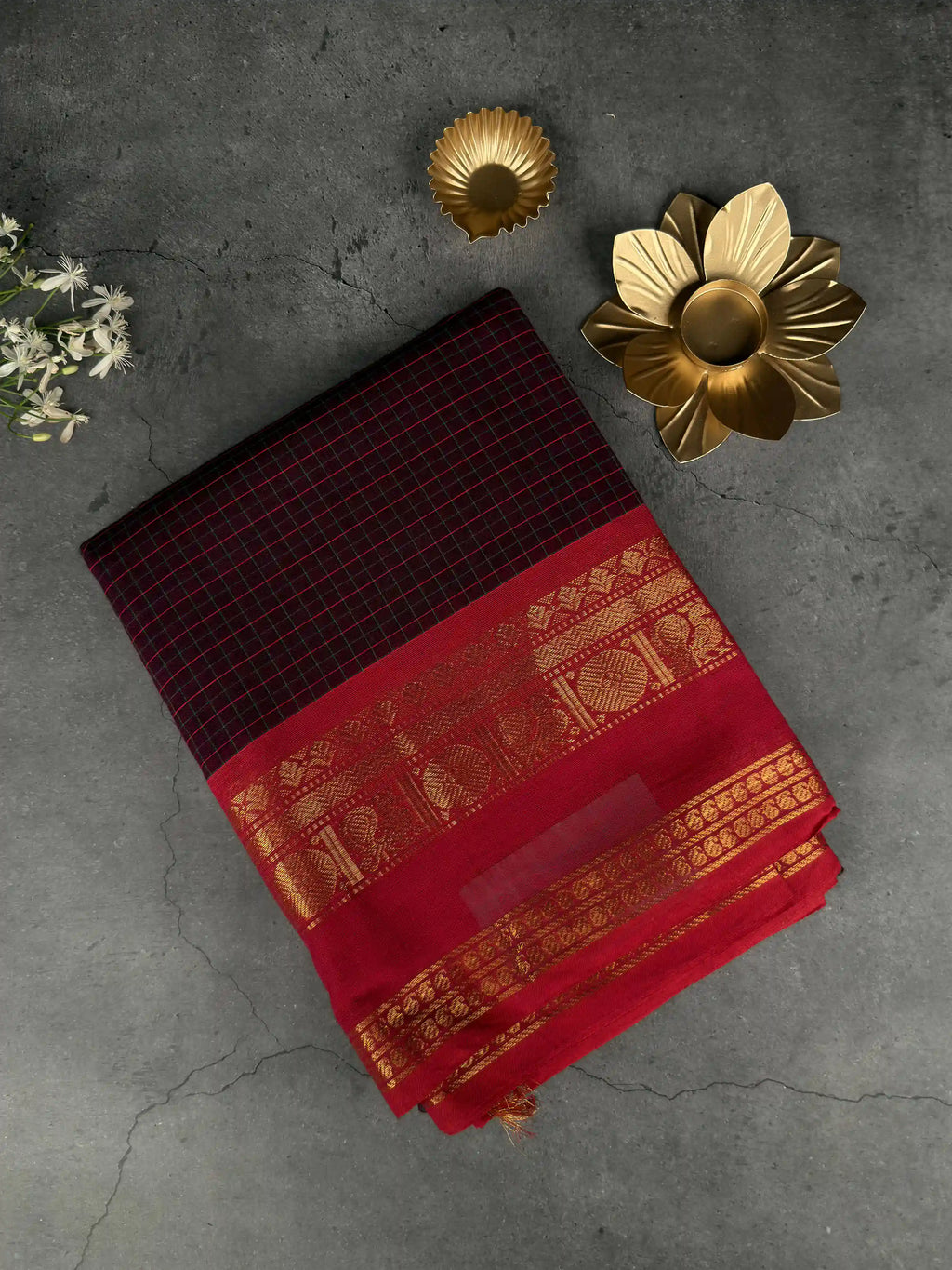 Premium Chettinad Cotton Saree | Deep Aubergine Checks with Dual - Red & Bottle Green with Gold Borders
