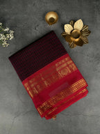 Premium Chettinad Cotton Saree | Deep Aubergine Checks with Dual - Red & Bottle Green with Gold Borders