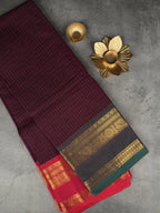 Premium Chettinad Cotton Saree | Deep Aubergine Checks with Dual - Red & Bottle Green with Gold Borders