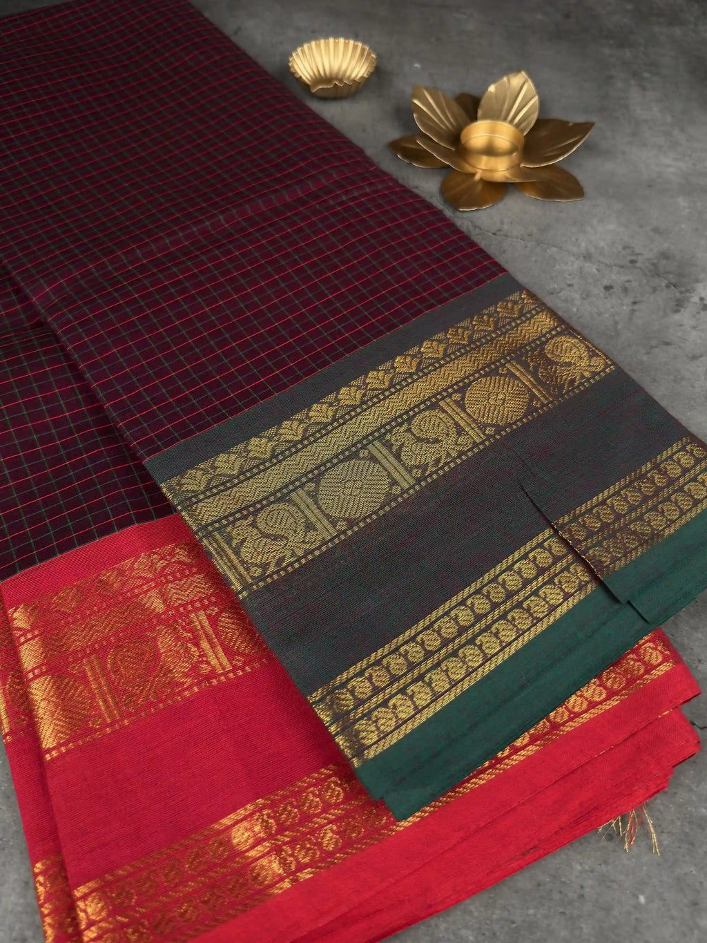 Premium Chettinad Cotton Saree | Deep Aubergine Checks with Dual - Red & Bottle Green with Gold Borders