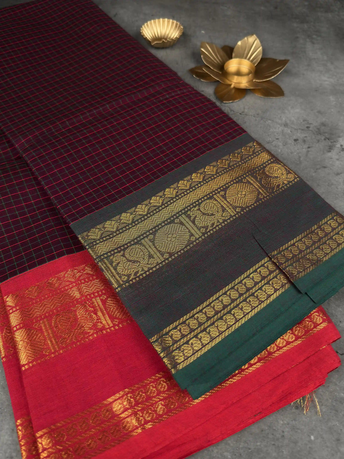 Premium Chettinad Cotton Saree | Deep Aubergine Checks with Dual - Red & Bottle Green with Gold Borders