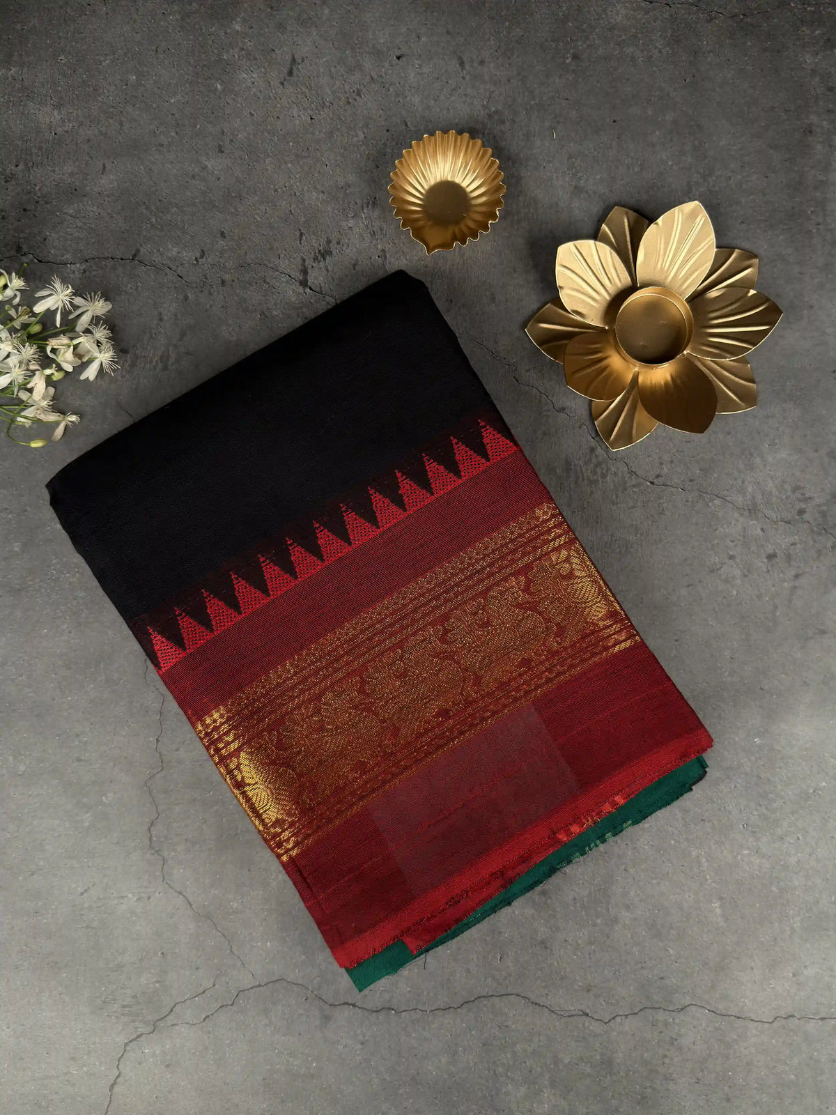 Premium Chettinad Cotton Saree | Black with Dual - Red, Green with Gold Borders