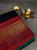 Premium Chettinad Cotton Saree | Black with Dual - Red, Green with Gold Borders